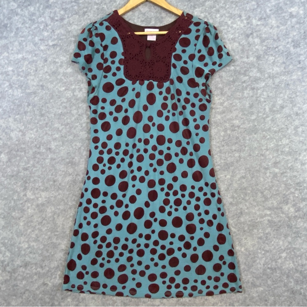 Pura Vida Y2K Mini Dress Size 10 Turquoise Brown Polka Dot Crocheted Accents